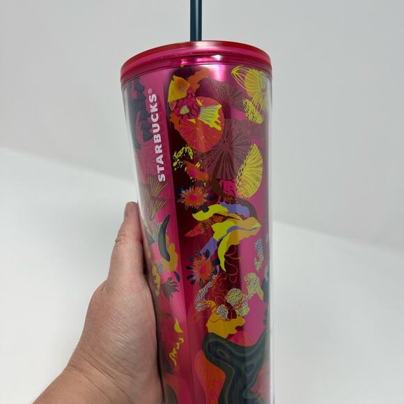 NWT Starbucks Fall 2023 Pink Ocean & Forest Floral Venti Cold Tumbler - Picture 6 of 6
